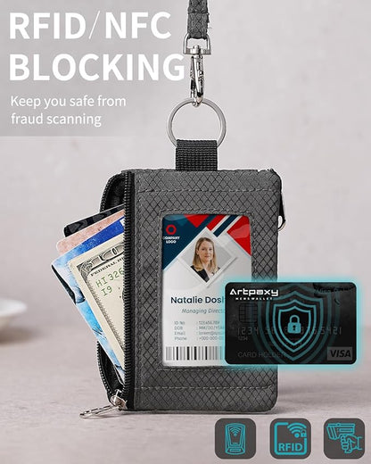 Minimalist Wallet For Mens Womens, Keychain RFID Blocking Zipper Small Wallet with ID Window 2 Lanyards,Water Resistant Travel Cash Card Coin Case Boys Girls