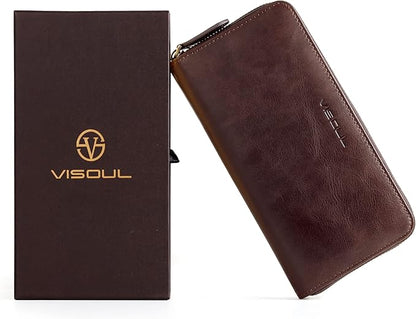 VISOUL Leather Long Zipper Pouch Wallet for Men and Women with RFID Blocking, Large Clutch Cash Long Wallet with Zipper (Coffee)