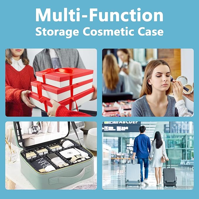 Travel Makeup Bag for Makeup Artists Large Makeup Case,with Mirror 3 Color Setting and Detachable 10x Magnifying Mirror Travel Makeup Bag,Portable Storage and Adjustable Dividers（blue）