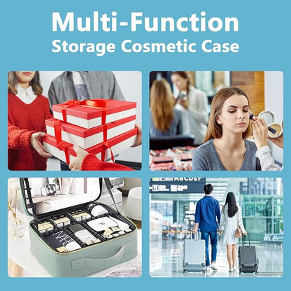 Travel Makeup Bag for Makeup Artists Large Makeup Case,with Mirror 3 Color Setting and Detachable 10x Magnifying Mirror Travel Makeup Bag,Portable Storage and Adjustable Dividers（blue）