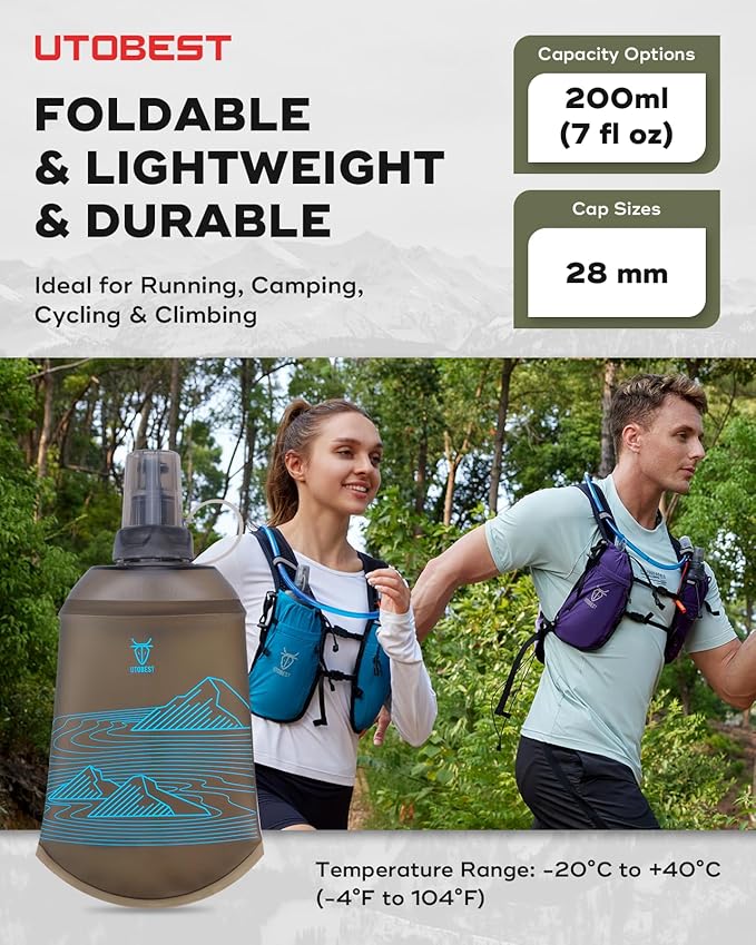 200ml Soft Flask, 2 Pack Flexible TPU Hydration Water Bottle, Collapsible with 28mm Caliber for Running, Hiking, Cycling, Climbing, and Marathon Blue