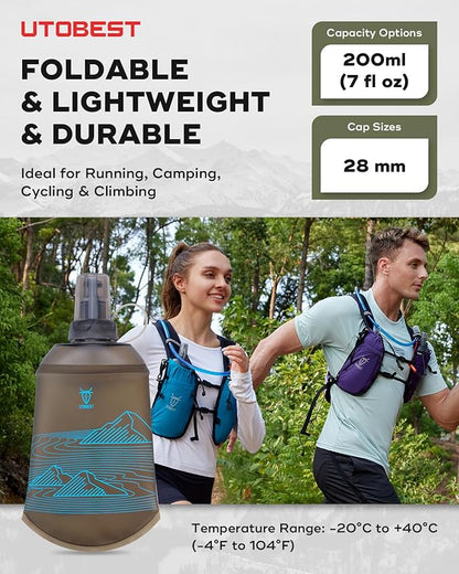 200ml Soft Flask, 2 Pack Flexible TPU Hydration Water Bottle, Collapsible with 28mm Caliber for Running, Hiking, Cycling, Climbing, and Marathon Blue