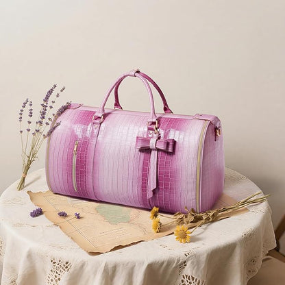 Convertible Garment Duffle Bag for Women, Foldable 2-in-1 Carry On Travel Bag with Shoe Compartment & Toiletry Pocket, PU Leather Stylish Garment Bags for Business Trip, Vacation, Pink-White