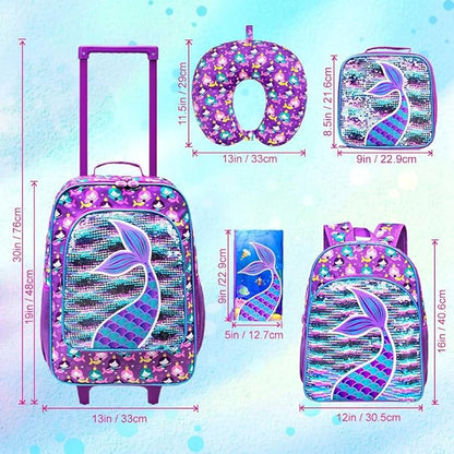 AGSDON 5 Piece Kids Luggage Set for Girls, Cute Rolling Wheels Suitcase for Toddler, Children Travel Carry on Suitcase -Mermaid