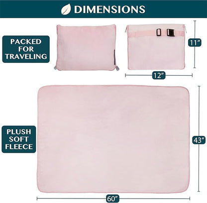 PAVILIA Travel Blanket Pillow, Soft Airplane Blanket 2-in-1 Combo Set, Plane Blanket Compact Packable, Flight Essentials Car Pillow, Travelers Gifts Accessories, Luggage Backpack Strap, 60x43 Pink