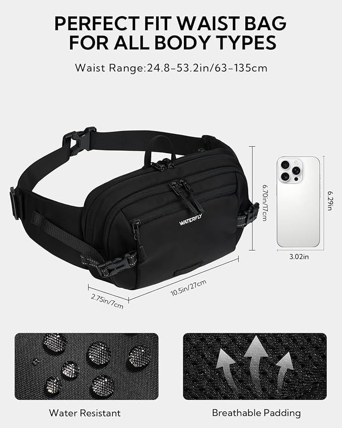 WATERFLY 3L Large Fanny Pack, 180° Opening Hip Pouch with Multi-Pockets, Anti-Theft RFID Blocking Waist Bag for Women Men Traveling Hiking Daily Use-Black