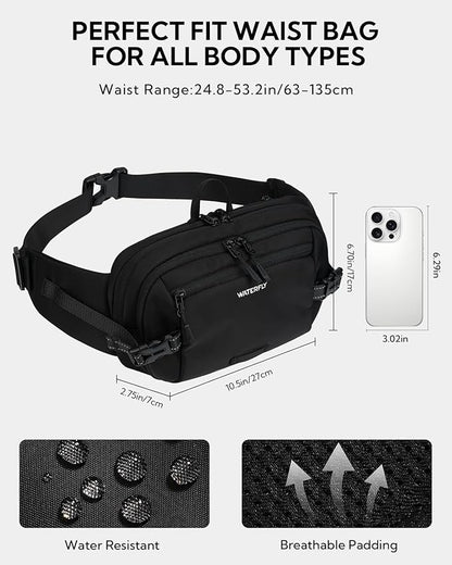 WATERFLY 3L Large Fanny Pack, 180° Opening Hip Pouch with Multi-Pockets, Anti-Theft RFID Blocking Waist Bag for Women Men Traveling Hiking Daily Use-Black