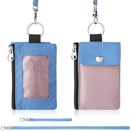 Minimalist Wallet For Mens Womens, Keychain RFID Blocking Zipper Small Wallet with ID Window 2 Lanyards,Water Resistant Travel Cash Card Coin Case Boys Girls