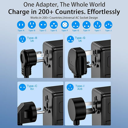 70W GaN Universal Travel Adapter, 6-in-1 International Power Adapter for US/EU/UK/AUS & 200+ Countries, European Travel Plug Adapter with Built-in USB-C Cable & 4-Ports for Laptop, Phone