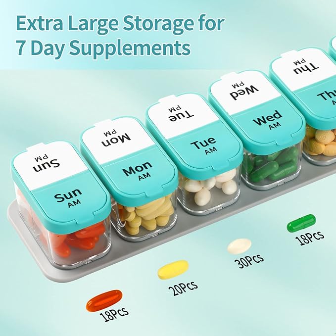 Daviky Large Weekly AM PM Pill Organizer - 7 Day, 2 Times a Day With Extra Large Compartments for Vitamins, Medicine, Supplements (Cyan)