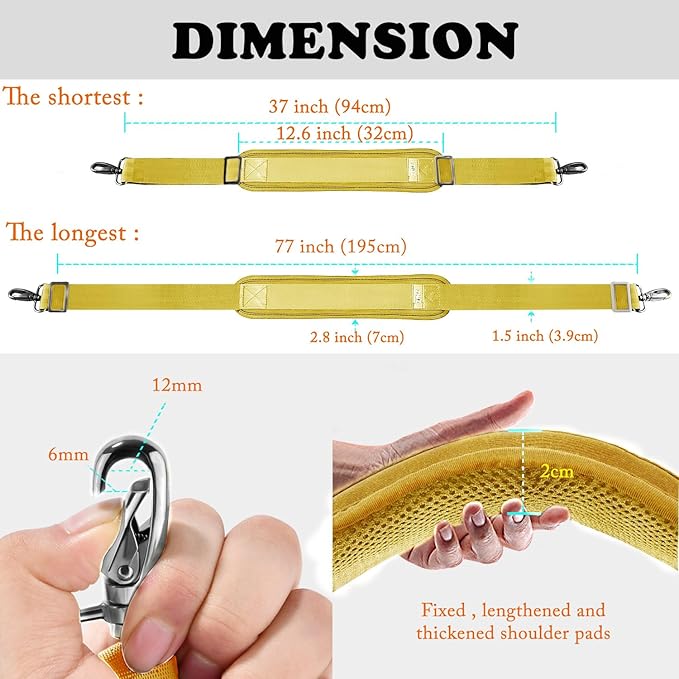 ZINZ 77 Inch Shoulder Strap Univesal Bag Strap with Fixed Pad Ultra Thick Plus Long & Breathable Cushion, Replacement Strap for Bags,Yellow