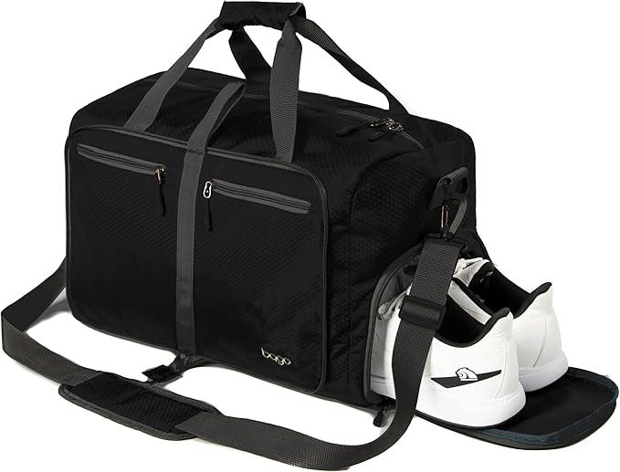 Bago Foldable Duffel Bags for Traveling Women & Men - 60L Medium Packable Duffle Bag for Travel with Shoe Compartment - Water Repellant, Heavy Duty, Lightweight Folding & Collapsible (All Black)