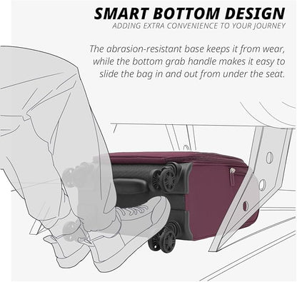 Verage Under Seat Luggage with Wheels，Softside Small Suitcase Spinner Carry On Luggage Bags for Airlines Airplanes Short Trip Men Women (Grape red, 14-Inch Underseat)