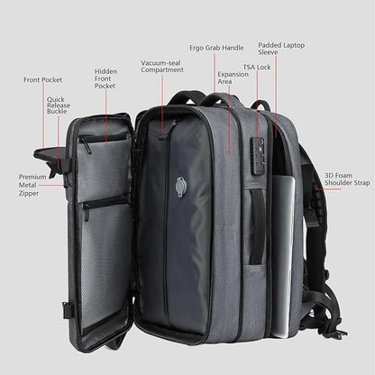 Vacuum Seal Travel Backpack 45L - Expandable Air Compression System, Water-Resistant, Carry-On Suitcase Luggage with TSA Lock Fits 18" Laptop - Vacuum Pump Included(Grey)
