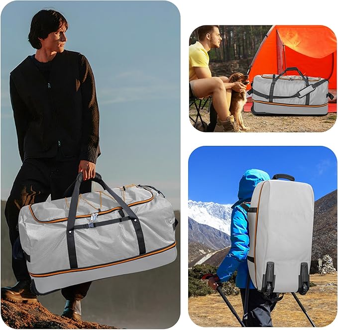 Vomgomfom 32" Soft-Sided Foldable Wheeled Travel Duffel Bag,Expandable 110L to 140L Rolling Cargo Bag with 2 Wheels and Multiple Pockets,Grey