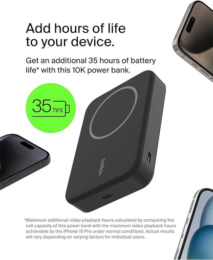 Belkin Portable Charger, Wireless Power Bank 15W 10000 mAh w/ Qi2, MagSafe Charger + Built-in Pop-up Kickstand - iPhone 17, Air, Pro, Pro Max, AirPods, Apple Watch, Google Pixel 10, etc. - Black