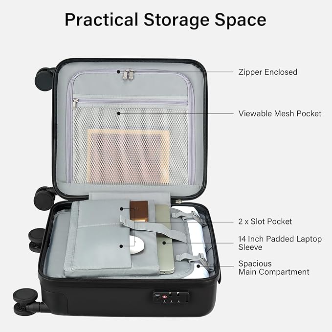 Hanke 16 Inch Underseat Carry On Luggage with Wheels Hard Shell Mini Small Suitcases Carry On Bag for Airline Approved TSA Luggage Lightweight Travel Suitcase(Black)