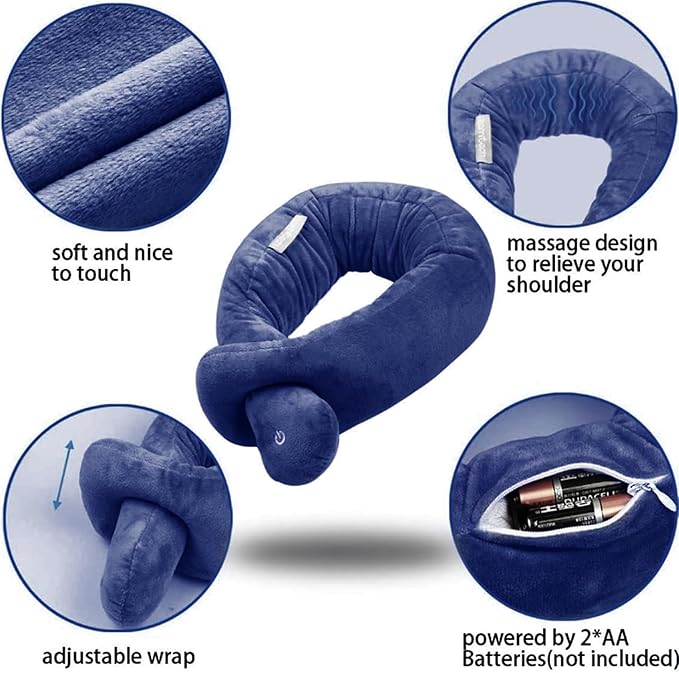 Neck Pillow,Wireless Travel Pillow for Airplanes,Neck Wrap Vibration Massaging Soft Touch Breathable Head Support for Office Sofa Air Plane(Blue)