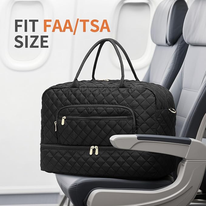 50L Large Travel Duffle Bag for Women, Weekender Overnight Bag W/Shoe Compartment+Wet Pocket+Toiletry Bag TSA Approved, Black