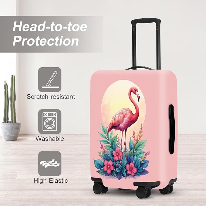 Tropical Flamingo Flowers Luggage Cover, Summer Vacation Suitcase Protector, Quick Dry Beach Travel Accessories with Pouch, Gifts for Resort Lovers
