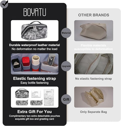 BOYATU Travel Makeup Bag for Women: Large Capacity Make up Bag with Compartments - Vegan Leather Cosmetic Bag set of 3 - Waterproof Toiletry Bag with Handle & Divider(E-2-Black)