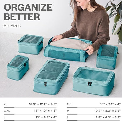 Aerotrunk Compression Packing Cubes for Travel - Luggage Organizer Bags - Double Zipper Packing Cubes for Suitcases (6-Pack, Teal)