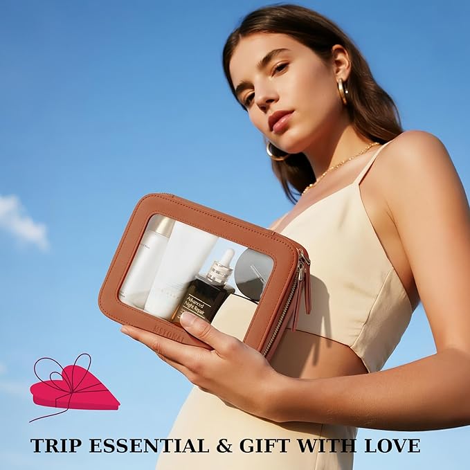 Clear Makeup Bag, Travel Toiletry Bag Cosmetic Case for Women, Waterproof Portable Make Up Skincare Pouch with Zipper, Compact Car Organizer Bag for Essentials, Medium Size, Brown