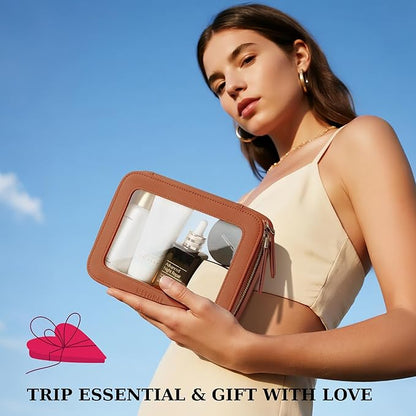 Clear Makeup Bag, Travel Toiletry Bag Cosmetic Case for Women, Waterproof Portable Make Up Skincare Pouch with Zipper, Compact Car Organizer Bag for Essentials, Medium Size, Brown