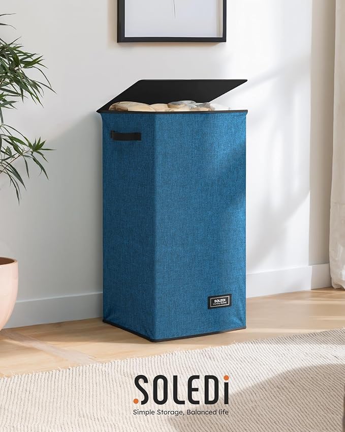 SOLEDI Laundry Hamper with Lid 100L Large & Tall Collapsible Laundry Baskets, Clothes Hamper with Bag Removable Easy to Carry, Dirty Hampers for Bedroom, Bathroom, Dorm, College, Blue