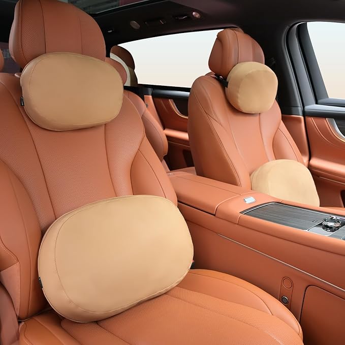 FLORICH Car Headrest and Lumbar Support Double-Sided Suede & Leather Neck Rest Cushion with Back Support Breathable Car Seat Headrest and Lumbar Support for Car Office Chair Fatigue Relief, Brown