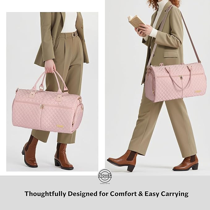 STOVER Women’s Convertible Garment Duffel Bag for Travel – 2-in-1 Carry-On Weekender/Overnight Tote - Wrinkle-Free Dresses, Hanging Suits & Clothes Plus Shoe Compartment & Bonus Toiletry Bag (Pink)