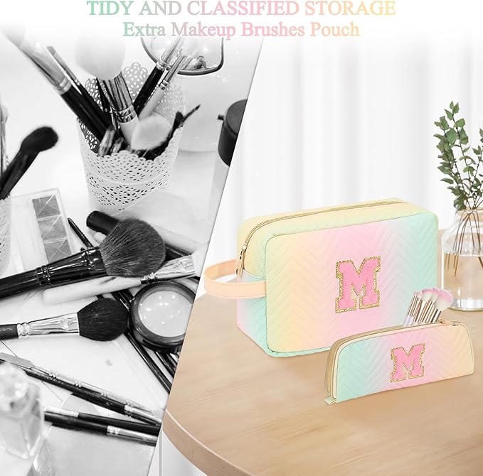 Personalized Initial Makeup Bag Trendy Stuff Leather Waterproof Cosmetic Bag Travel Toiletry Bag, Christmas/Thanksgiving/Halloween Gifts Makeup Organizer Case for Women Girls Mom Girlfriend Wife