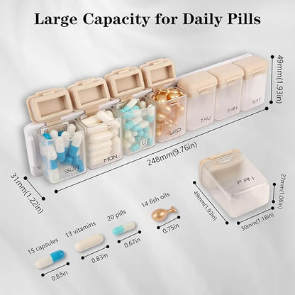 Weekly Pill Organizer Magnetic Large Travel Pill Case, Week Once Daily Medication Dispenser Medicine Container Holder for Supplement Box 7 Day 1 Time a Day (Brown)