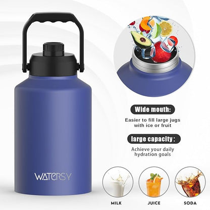 WATERSY Half Gallon Water Bottle Insulated(Cold for 48 Hrs),BPA Free&Leak Proof,64oz Stainless Steel Water Jug/Flask,Big thermo,Large Water Bottle with Handle for Gym,Hiking,Camping,Deep Blue