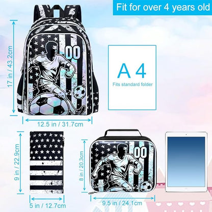WZLVO 3PCS Kids Soccer Backpack Set, 17" Cool UV Printing Boys Bookbag/School Bag with Lunch Box & Pencil Bag for Elementary to Middle - Star-Spangled Soccer