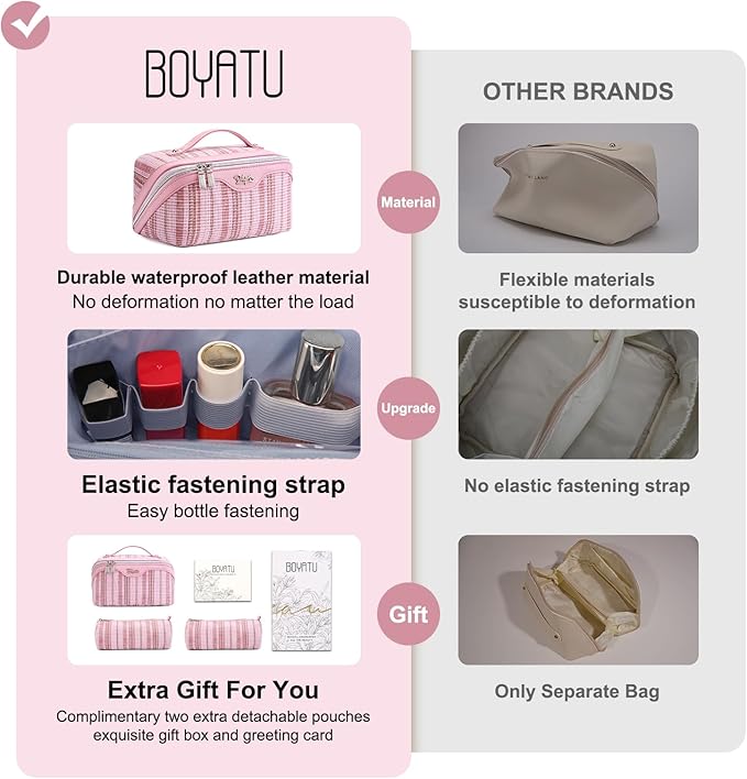BOYATU Travel Makeup Bag for Women: Large Capacity Open Flat Make up Bag Set of 3 - Vegan Leather Cosmetic Bag with Compartments - Waterproof Toiletry Bag with Handle & Divider(I-1-Pink)