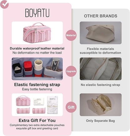 BOYATU Travel Makeup Bag for Women: Large Capacity Open Flat Make up Bag Set of 3 - Vegan Leather Cosmetic Bag with Compartments - Waterproof Toiletry Bag with Handle & Divider(I-1-Pink)