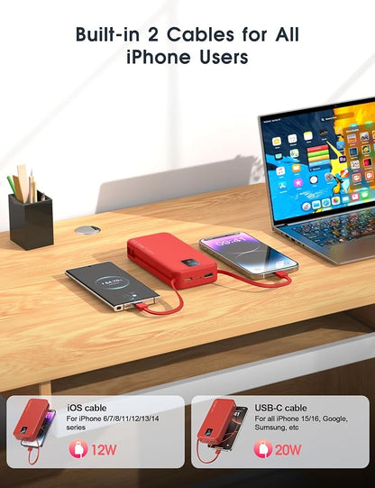 Portable Charger, 20000mAh 22.5W Fast Charging Power Bank with Built-in Cables & Wall Plug, Travel Essentials Battery Pack with LED Display, USB C External Battery Bank for iPhone iPad, Samsung Red