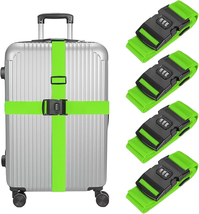 MECCANIXITY Luggage Straps with Combination Lock Adjustable Suitcase Belt Strap for Suitcase Briefcase Backpack Travel, Fluorescent Green, Pack of 4