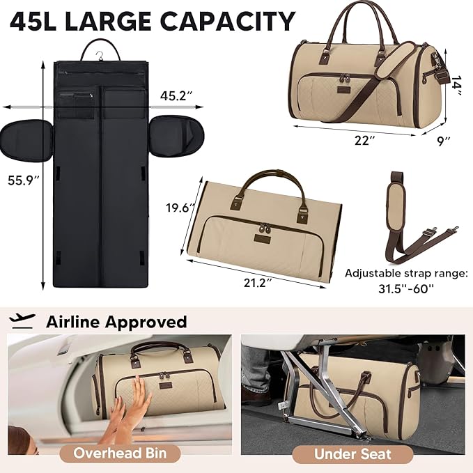 Garment Bag for Airplane Travel, Carry On Garment Duffle Bags for Women, 2 in 1 Travel Suit Bag with Shoes Compartment Carry on Bag Hanging Garment Bag Travel with Shoulder Strap,Black