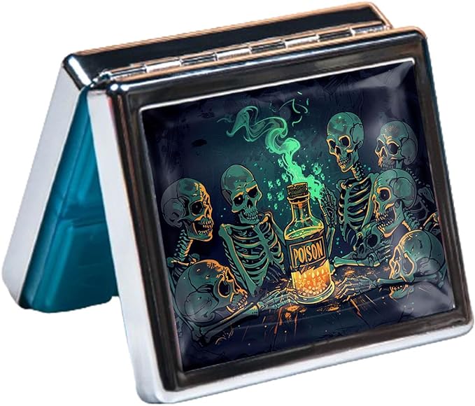 7 Days Chromed Shiny Silver Pill Organizer with Mirror Inside Has 8 Separate Compartments Rectangle Cute Travel Pill Organizer for Purse 7 Days (Skull Poison)
