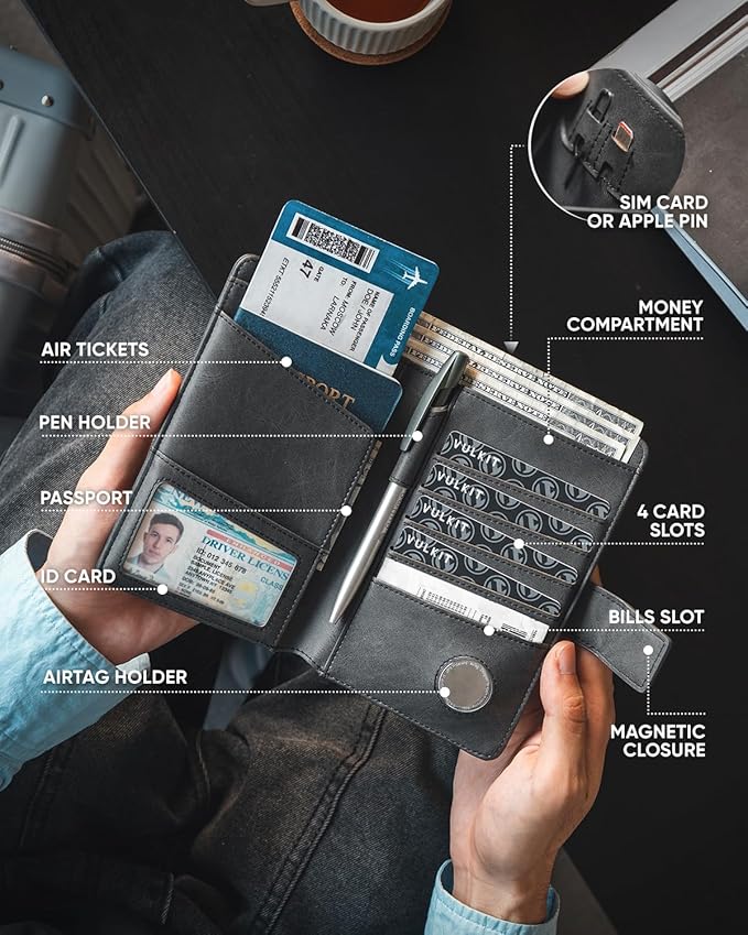 VULKIT Passport Holder with Airtag Holder RFID Blocking Passport Wallet Travel Leather Passport for Women(Dark Grey)