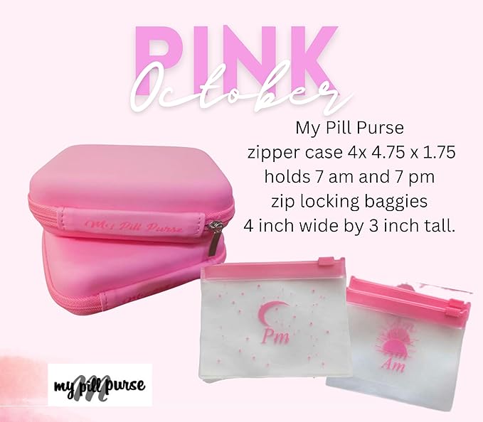 Pink Day and Night Pill Wallet w/Zipper, PU Leather Pill Case 5.5 X 4 x1.75 Inch, Includes14 AM PM Pill Organizer 7 Day Small Pill Bags of 3x4 Inch, Pill Pouches for Medicine or Supplements
