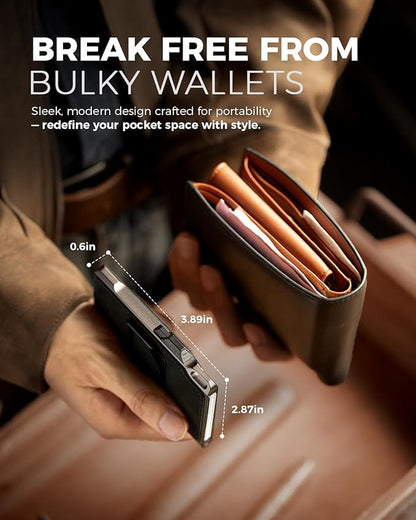 LORZOR Slim Tactical Wallet for Men- Minimalist Full Grain Leather Wallet for 12 Cards, RFID Blocking Aluminum Cardholder, Smart Pop Up Card Case, Front Pocket, Money Clip, Gift for Men(ArmyGreen)