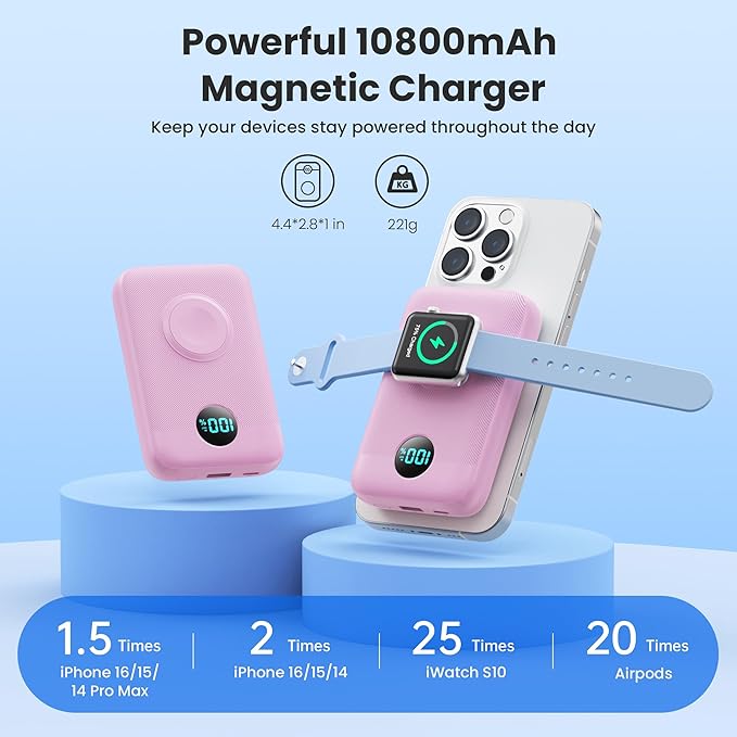 Magnetic Portable Charger for iPhone,10800mAh 4-in-1 Power Bank with iWatch Charger,25W PD Fast Charging Battery Pack for Magsafe,iPhone 17/16/15/14/13/12 Series,Apple Watch,Travel Essential,Pink