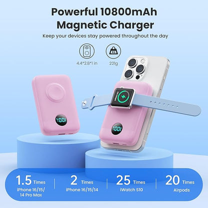 Magnetic Portable Charger for iPhone,10800mAh 4-in-1 Power Bank with iWatch Charger,25W PD Fast Charging Battery Pack for Magsafe,iPhone 17/16/15/14/13/12 Series,Apple Watch,Travel Essential,Pink