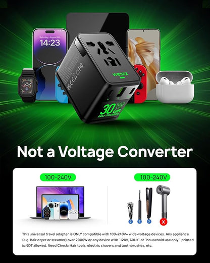 Tiny Universal Travel Adapter, 30W GaN Fast Charging International Power Adapter with 4 Ports (1 AC, 1 USB-A, and 2 USB-C), Plug Adapter with Smart Chip for Over 200 Countries, PD&QC Charger