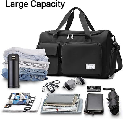 Sports Gym Duffel Bag with Shoes Compartment and Dry Wet Separated Pocket for Men and Women - Overnight Weekender Training Handbag Yoga Bag - Black