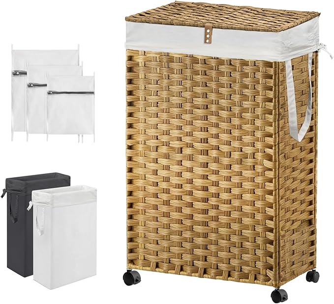 88L Slim Laundry Hamper with Wheels, 23.3 Gallon Rolling Laundry Basket with Lid, Tall and Narrow Laundry Hamper with 2 Removable Liner & 3 Mesh Bags, Laundry Sorter for Bathroom, Natural