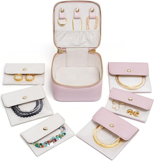 Popvibe Small Jewelry Box Portable Jewelry Case Travel Jewelry Organizers and Storage with 6 Mini Pouch Jewelry Bags, Pink Traveling Jewelry Case for Women